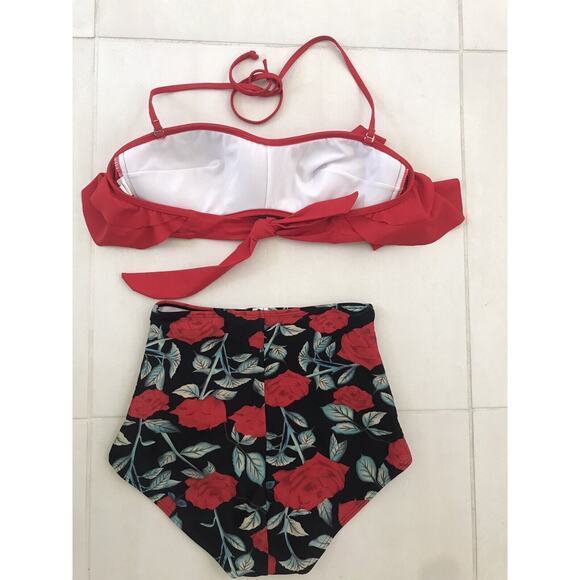 Cocoship Swim Ruffled High Waist Floral Bikini Set Swimsuit - Picture 6 of 10